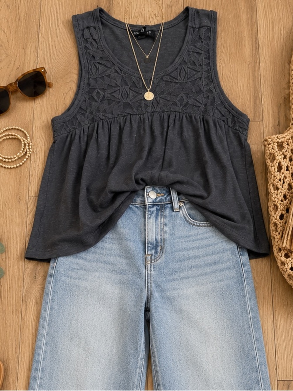 Aeropostale Deep Charcoal Gray Crochet-Panel Sleeveless Top